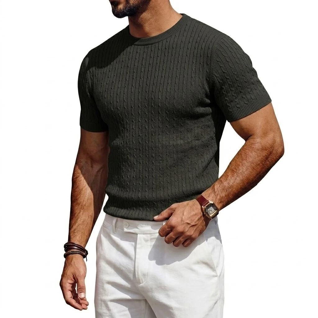 New Short Sleeve Soft Textured Knit Pullover Summer Knit Shirt Casual Tshirts for Men Ribbed Knitwear Crewneck T-Shirts Man Tee
