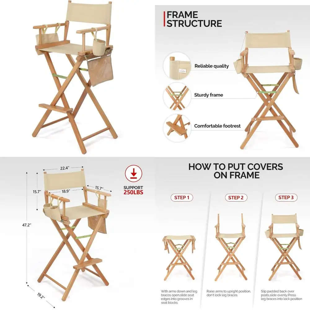 

Portable Folding Makeup Chair with Storage and Footrest - Extra Tall Directors Chair for Professional Salon Use and Outdoor Even