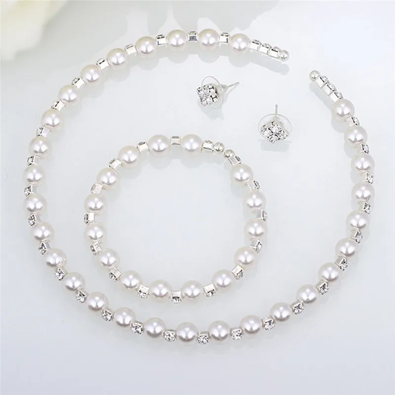 1 set Pearl Crystal Bridesmaid Wedding Jewellery Set Necklace Bracelet Earrings