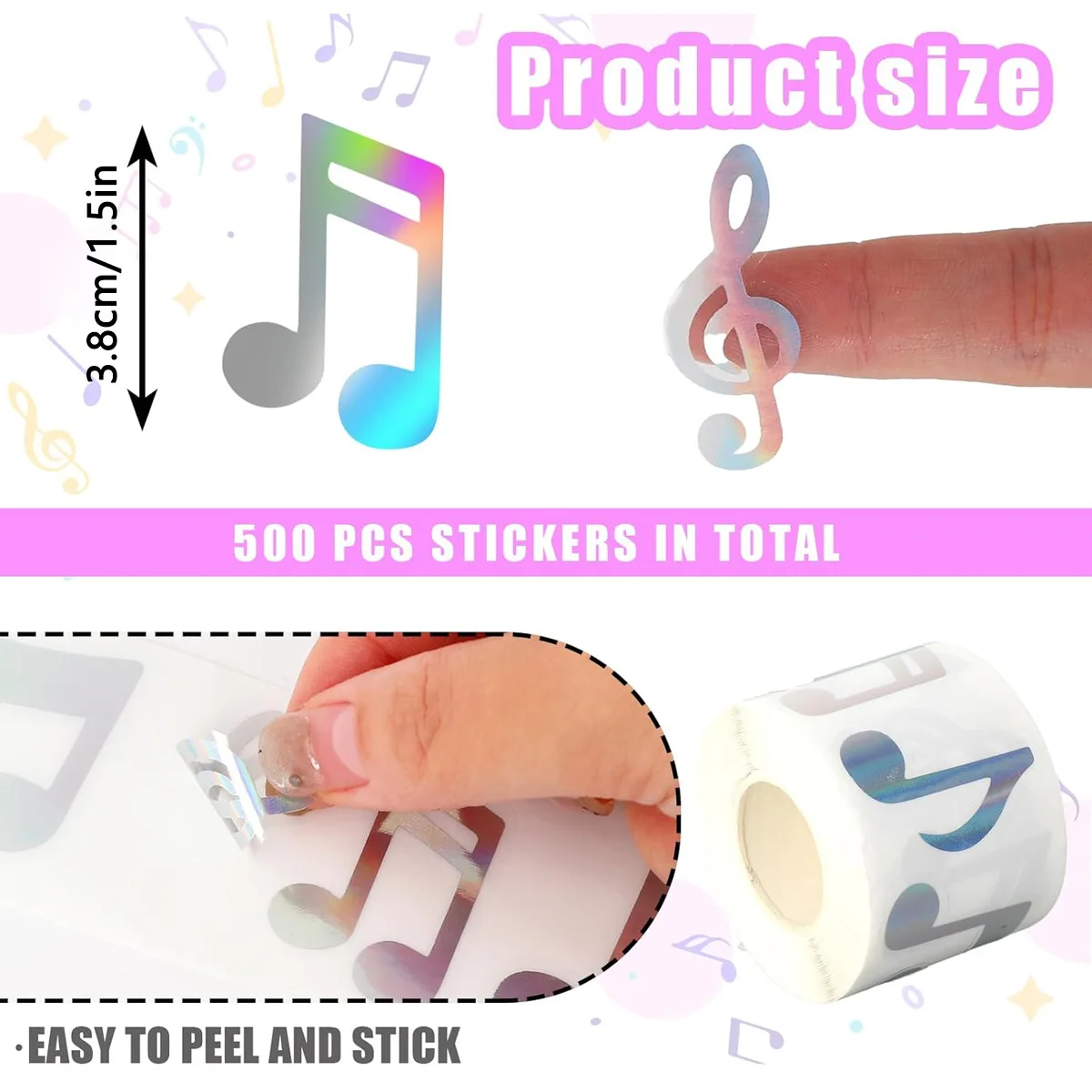 JCAC 500pcs/roll Holographic Gold Foil Transparent Music Note Stickers, Glitter Shiny Decorative Seals for Student Room & Gift