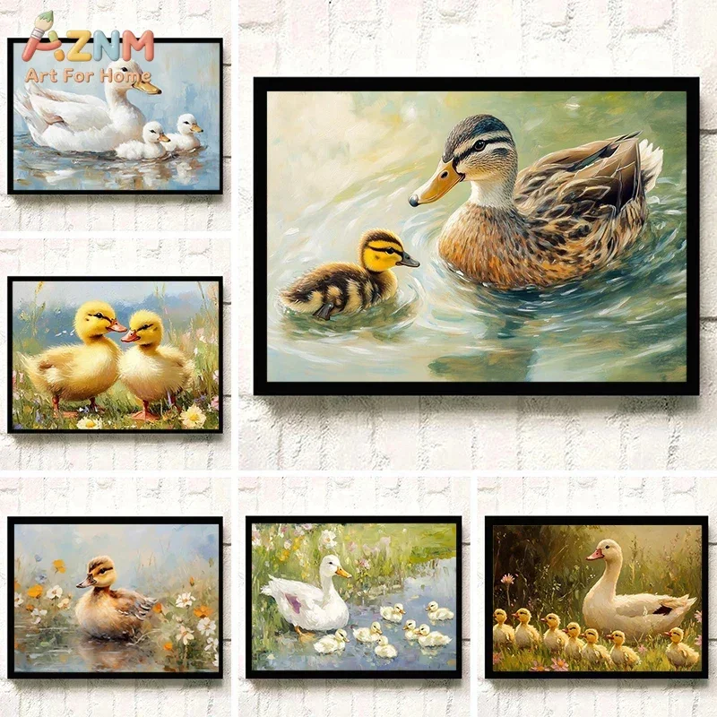 AZNM Cute Duck Canvas Wall Art, Mother Duck and Ducklings Oil Painting Style Print, Nursery Animal Poster for Home Decor