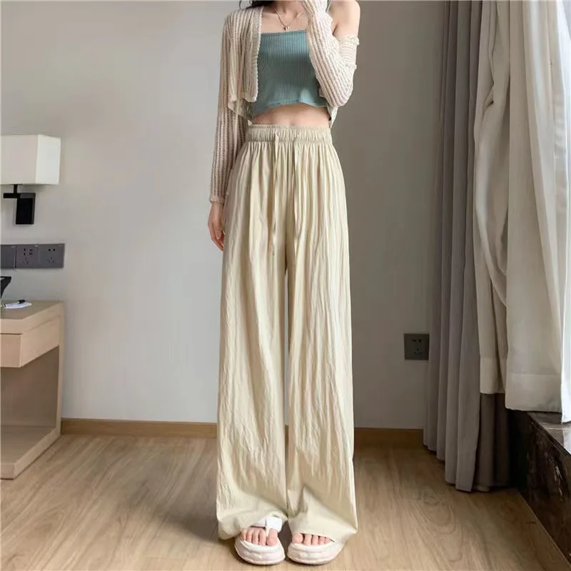 Ice Silk Wrinkled Wide Leg Pants for Women Summer Thin Ice Silk 2026 High Waisted Relaxed and Lazy Pleated Straight Leg Pants