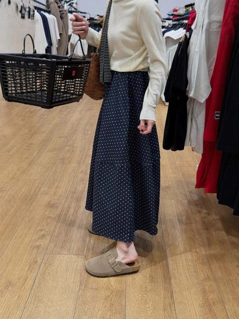 

Tall Size Women's Plaid Skirt Spring Summer A-Line Midi Skirt Slimming High Waist Polka Dot Half-Length Skirt