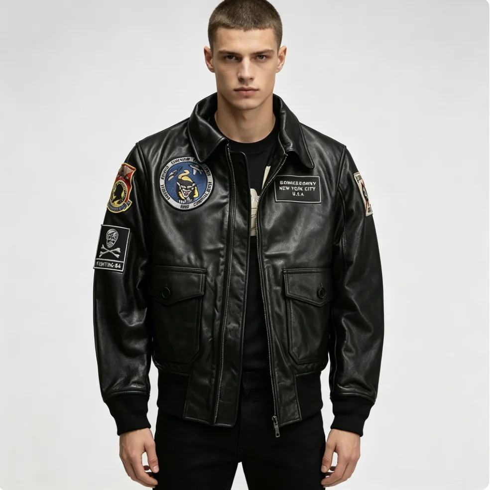 

Мужские кожаные куртки-авиаторы черного цвета с вышивкой и принтом, короткие, из натуральной воловьей кожи, в стиле casual, США