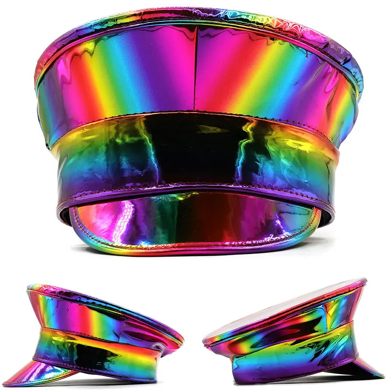 

Laser Patent Leather Flat Top Hat Artificial PU Leather Navy Cap CrossBorder Shiny Performance Beret Women Men Cosplay Party Hat