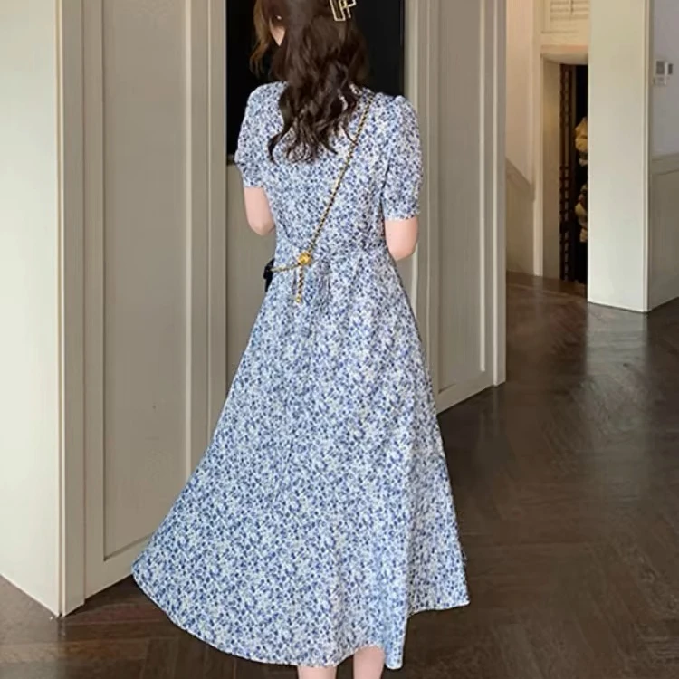Floral Print Short Sleeve Women's Dress Waist-Cinching Fish Tail Skirt Citywalk Long Summer Gown Elegant Feel New 2026 Model