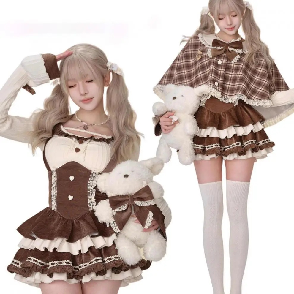 

Vintage Woman Harajuku Cute Bow Cloak Slim Chic Blouse Slip Dress Plaid Sweet Lolita 3 Piece Set Y2k Outfits Party Streetwear