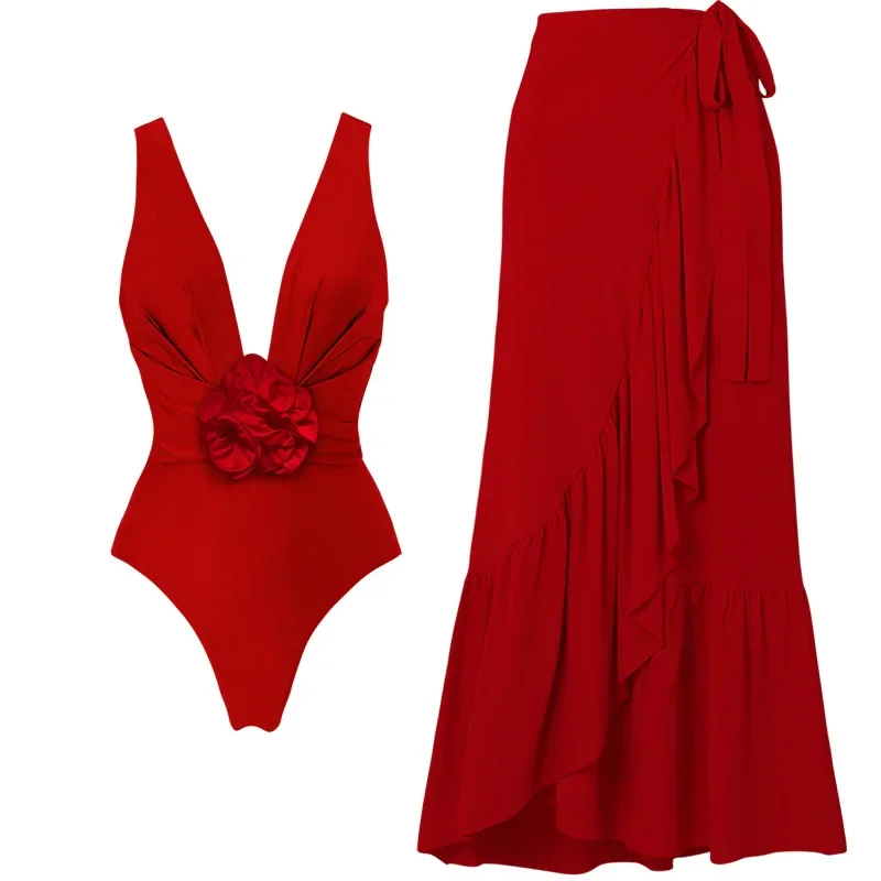 3D Flower Red Ruffle High Waist Bathing Suit Halter Dress Beach Skirt Brazilian Biquini Swimwear Women Summer Bikini Set