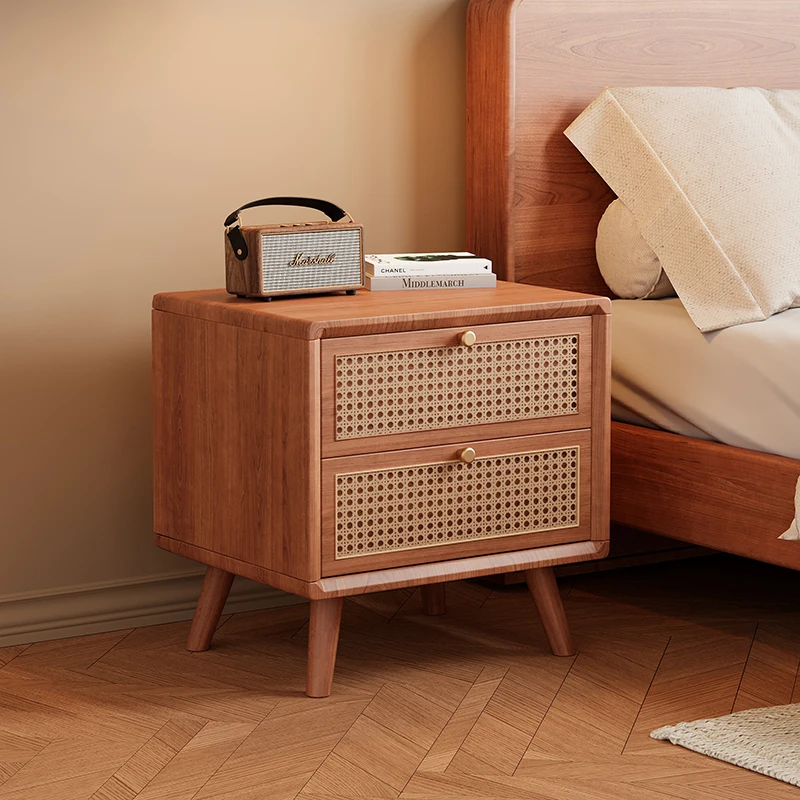 طاولة بجانب السرير من خشب الجوز لغرفة النوم منضدة من الخشب الصلب مع أدراج منسوجة من الخيزران وطاولة نهاية بسيطة وخزانة تخزين ذات درجين #2