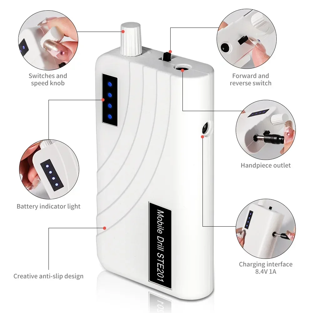 전기 네일 드릴 머신, 전문 충전식 네일 파일, 젤 네일 광택제 샌딩기, 저소음, 35000 RPM