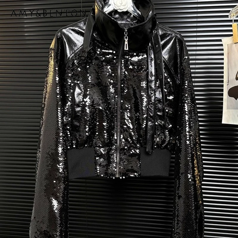 

Autumn Black Heavy Sequin Lace-up Splicing Leather Women's Jacket Original Design Punk Sweet Cool Gothic Versatile Coat Ladies