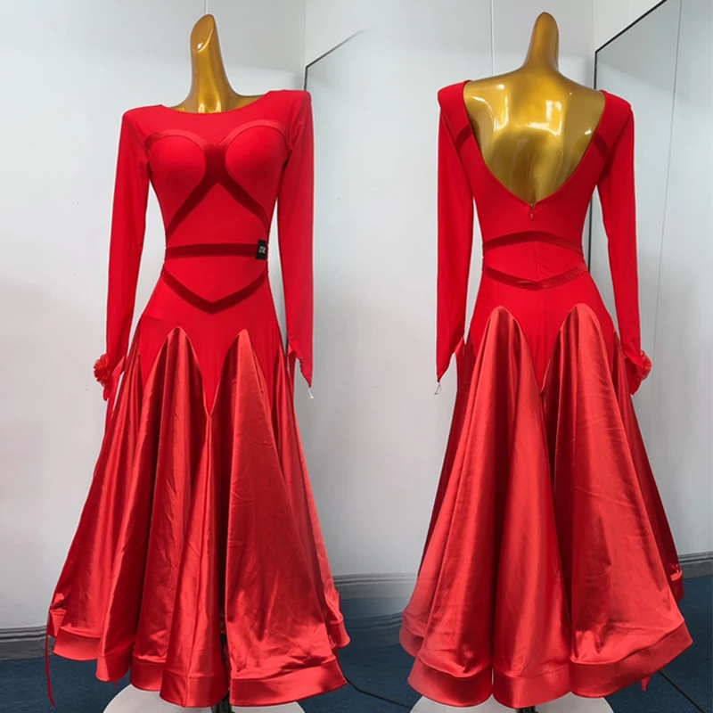 

Elegant Waltz Dresses Standard Ballroom Dance Costume Women Competition Performance Outfit Long Sleeve Red Dancing Dress AMY2474