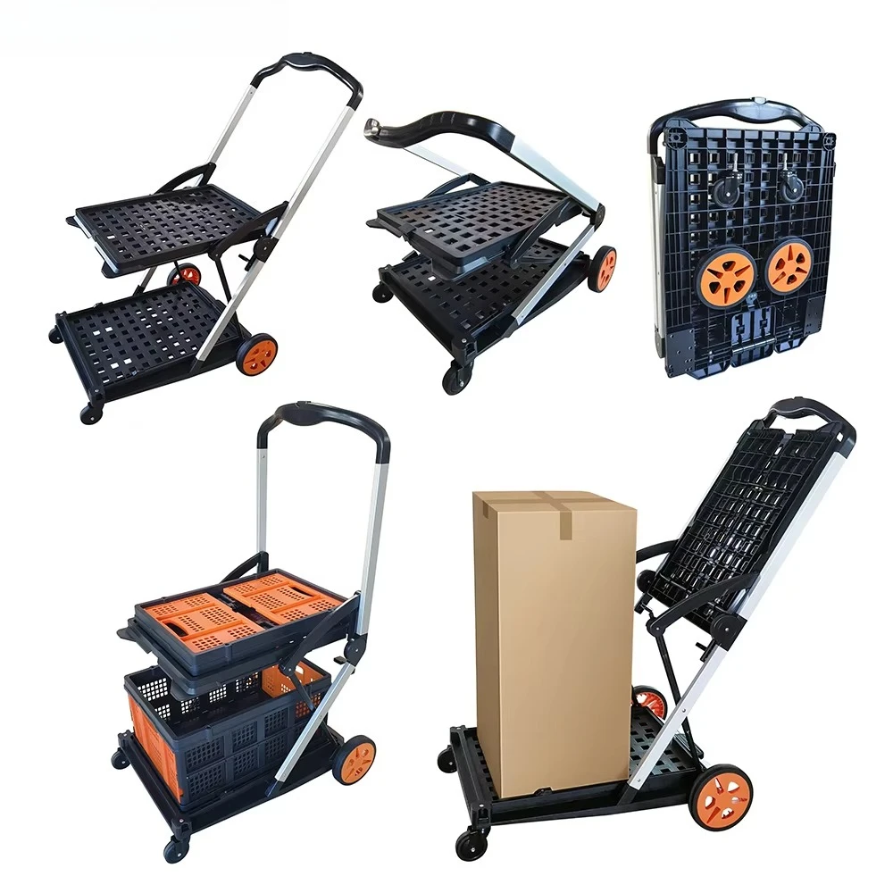 Carritos Plegables Multiusos, Carrito de Compras Resistente con Caja de Almacenamiento, Carrito Plegable Móvil para Limpieza del Hogar