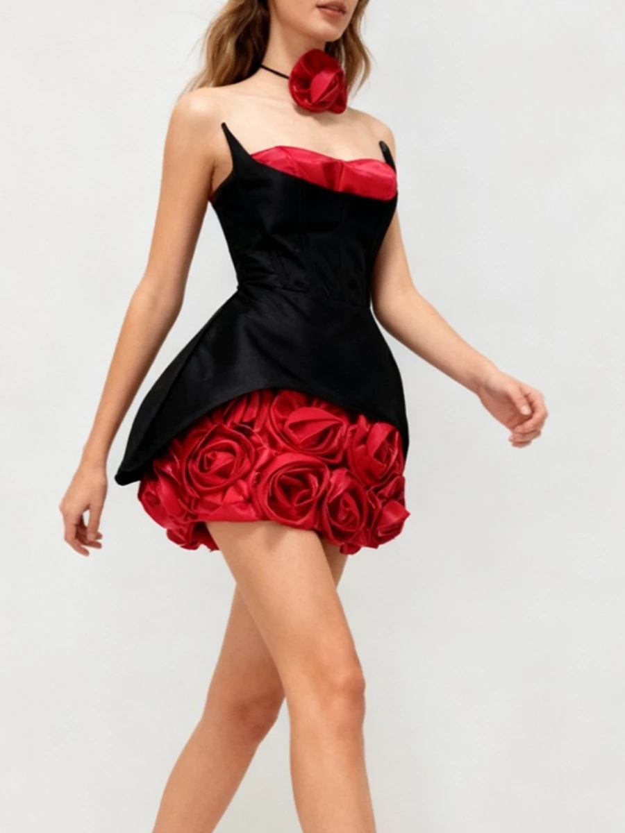 TWOTWINSTYLE スリムフィット スプライス 3Dフラワー ファッション ミニドレス レディース ストラップレス ノースリーブ ハイウエスト エレガントドレス 女性用 新作