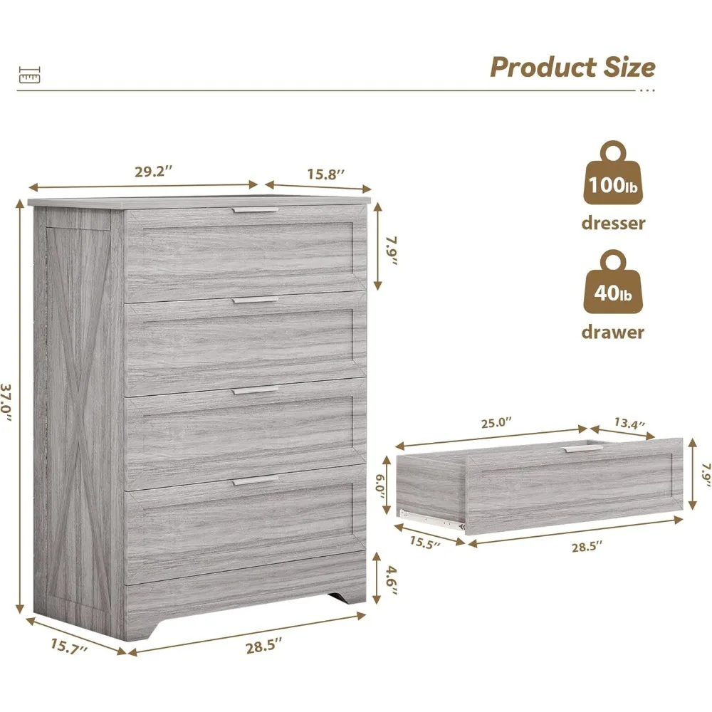 4 Drawer Dresser for Bedroom,Dresser with Large Drawer & Silver Handles, Wooden Storage Organizer Cabinet Chest of Drawer