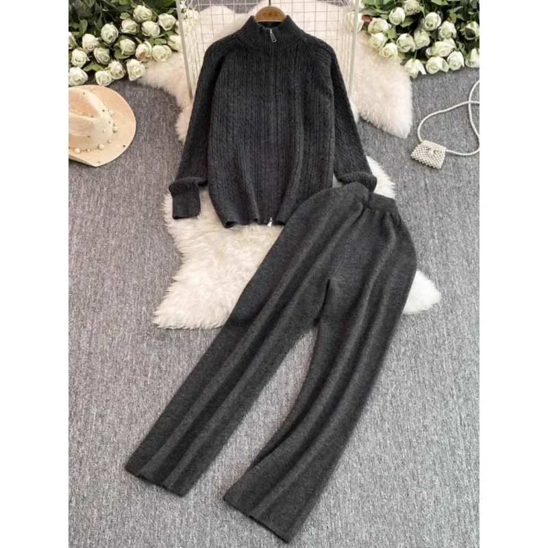 Fashion Pants Suit Women\'s Stand Collar Zipper Knitted Sweater Jacket Two-piece Set High Waist Slim Straight Leg Wide Leg Pants