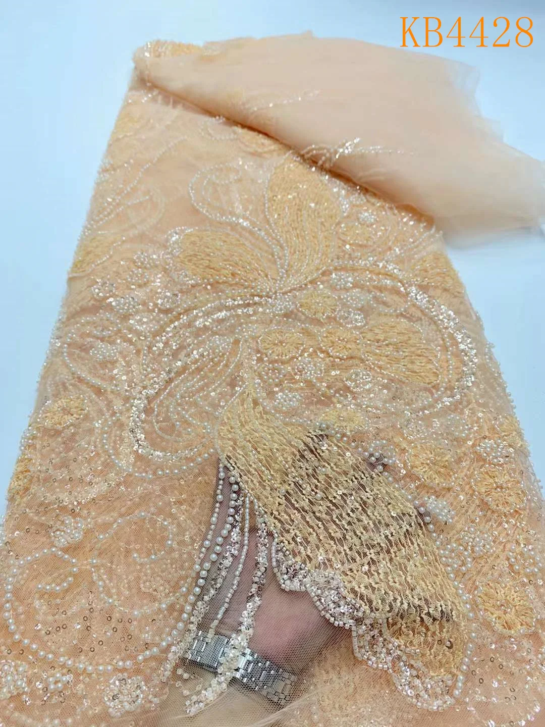 

African Lace Fabric 5 Yards High Quality 2025 Sky Blue Sequence Lace Fabric Nigerian White Beads Tulle Lace For Sewing KB4428