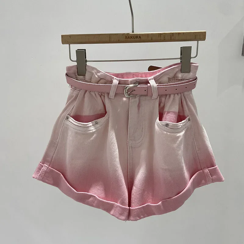 High-Waisted Wide-Leg Denim A- Line Shorts Pink Dirty Style Women's New Spring Summer Gradient Vintage Loose-Fit Slim Shorts