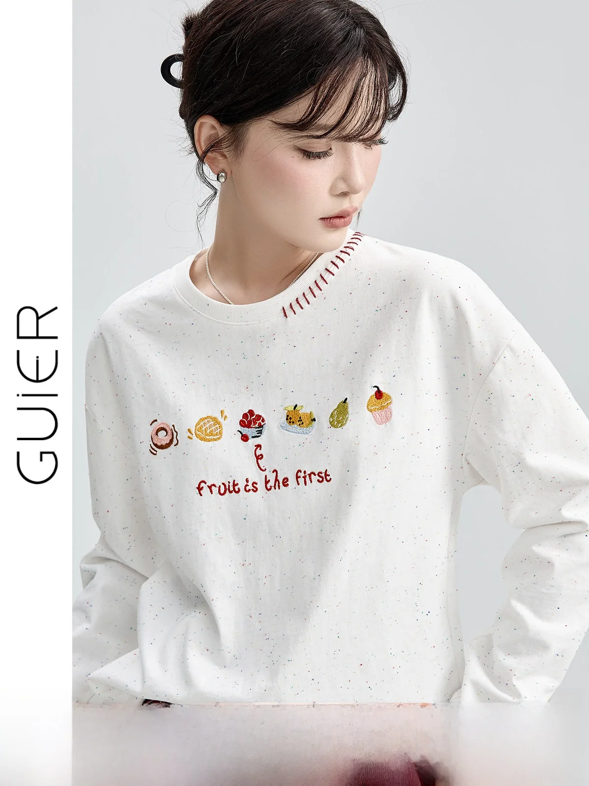 

Повседневная длинная футболка с вышивкой Sve, женская свободная посадка, круглый дизайн, сенсационный топ, сезонная женская одежда на весну и осень