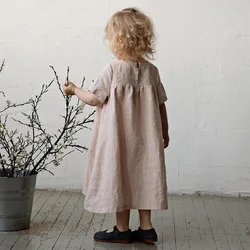 Summer Girls Round Neck Solid Color Pleated Cotton And Linen Dress New Loose Short-Sleeve Children's Dresses，TZ31