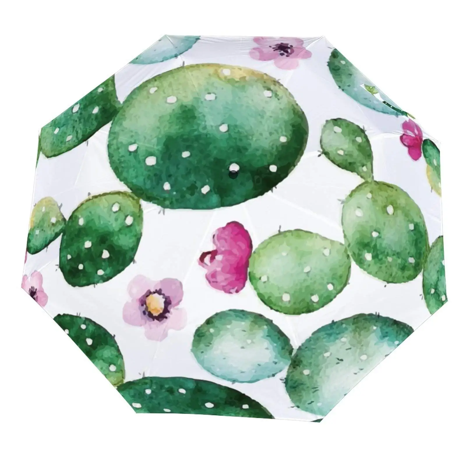 Cactus Flower Folding Umbrella Green Watercolor Desert Plant Compact Windproof Travel Umbrellas Rain Sun for Adults Teens Kids