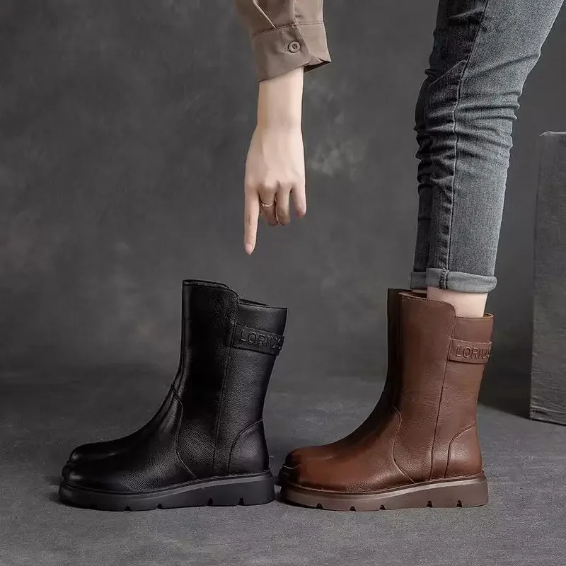 Round Toe Women\'s Half High Boots Elegant Fashion Ladies Mid Calf Shoes Designer Luxury Quality Footwear Winter 2025 Novelty Pu