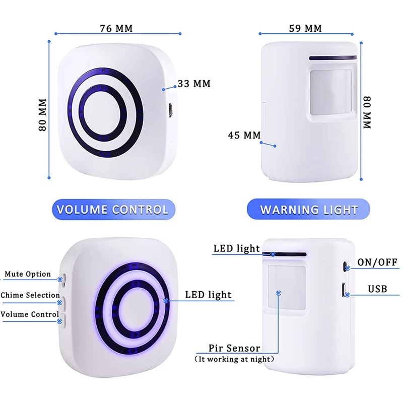ABXF-Motion Sensor Alarm System, Wireless Home Security Driveway Alarm ในร่ม, PIR Motion Detector Alert 2 เซ็นเซอร์ US Plug