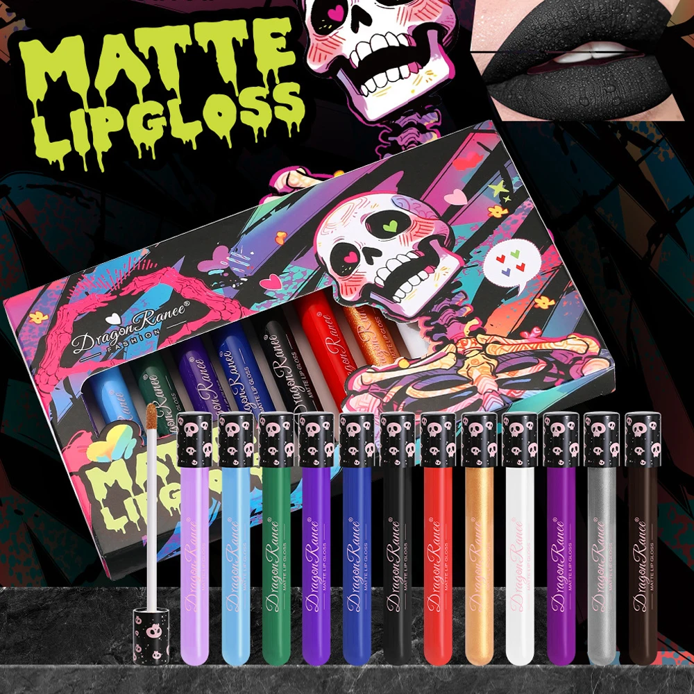 12Pcs/Box Matte Liquid Lipstick Makeup Colorful Black White Lip Gloss Waterproof Metallic Lip Glaze Halloween Party Cosmetics