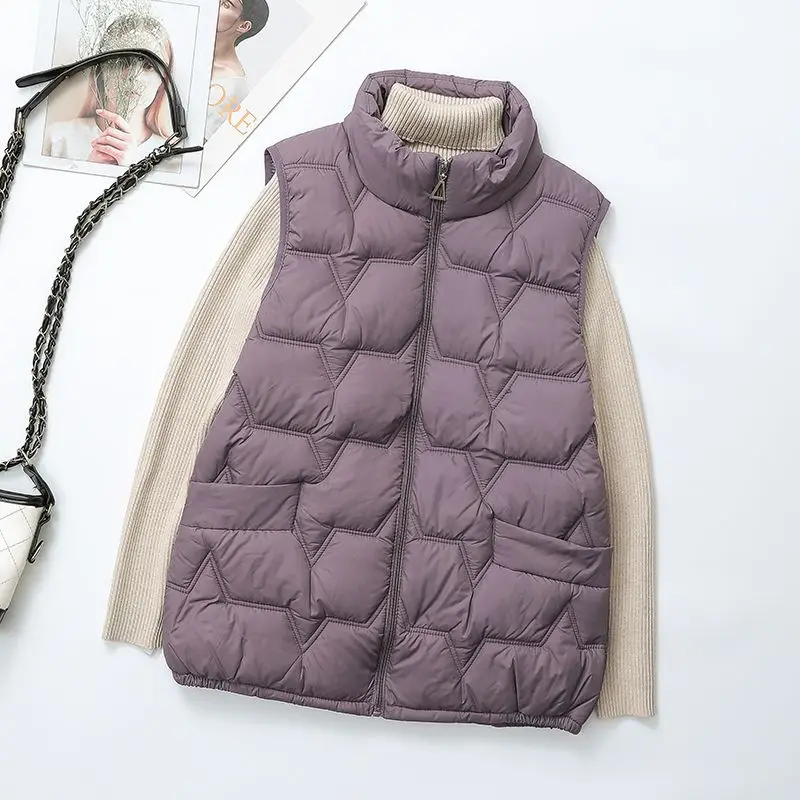 

2024 Down Vest Women New Autumn Winter Ultra Light Stand Collar Solid color Sleeveles Cotton Coat Ladies Warm Waistcoat B574