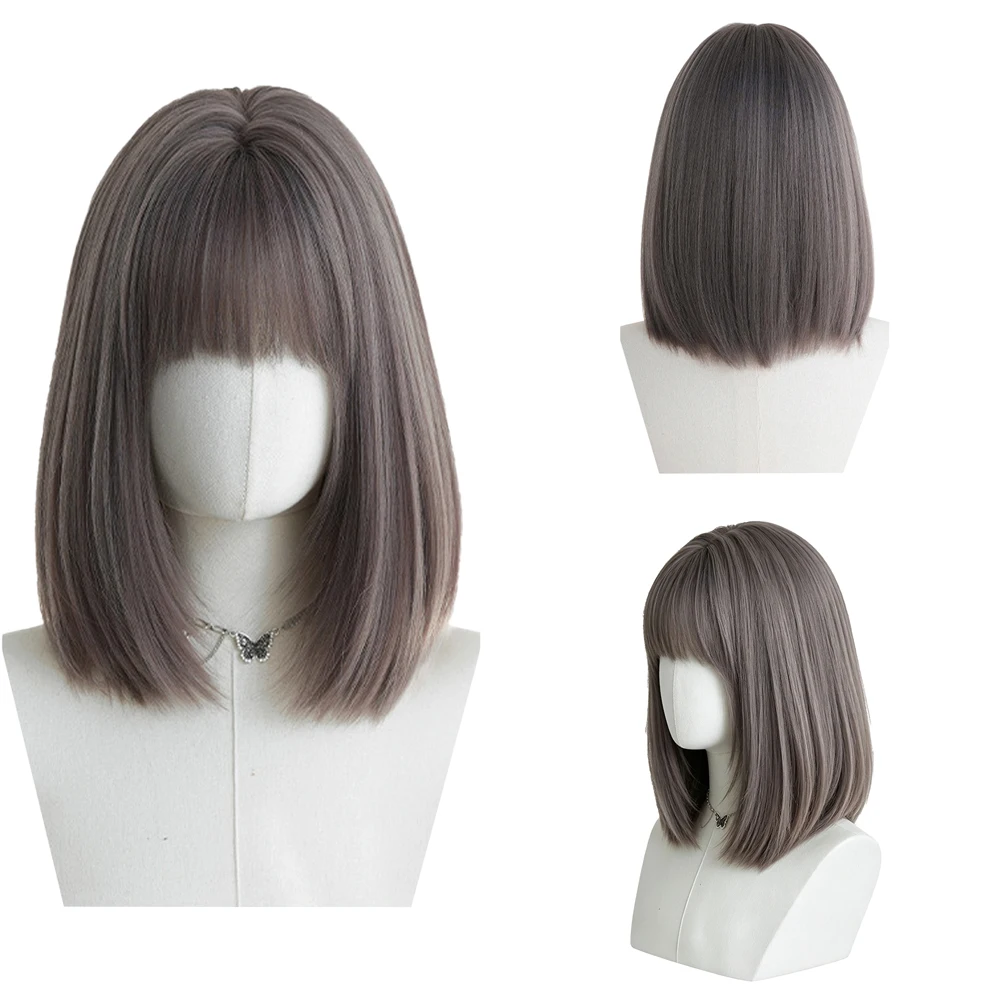 

Silky Soft Heat Resistant Synthetic Misty Gray Purple Bob Wig Natural Straight Bangs Breathable Wig Cap For Women