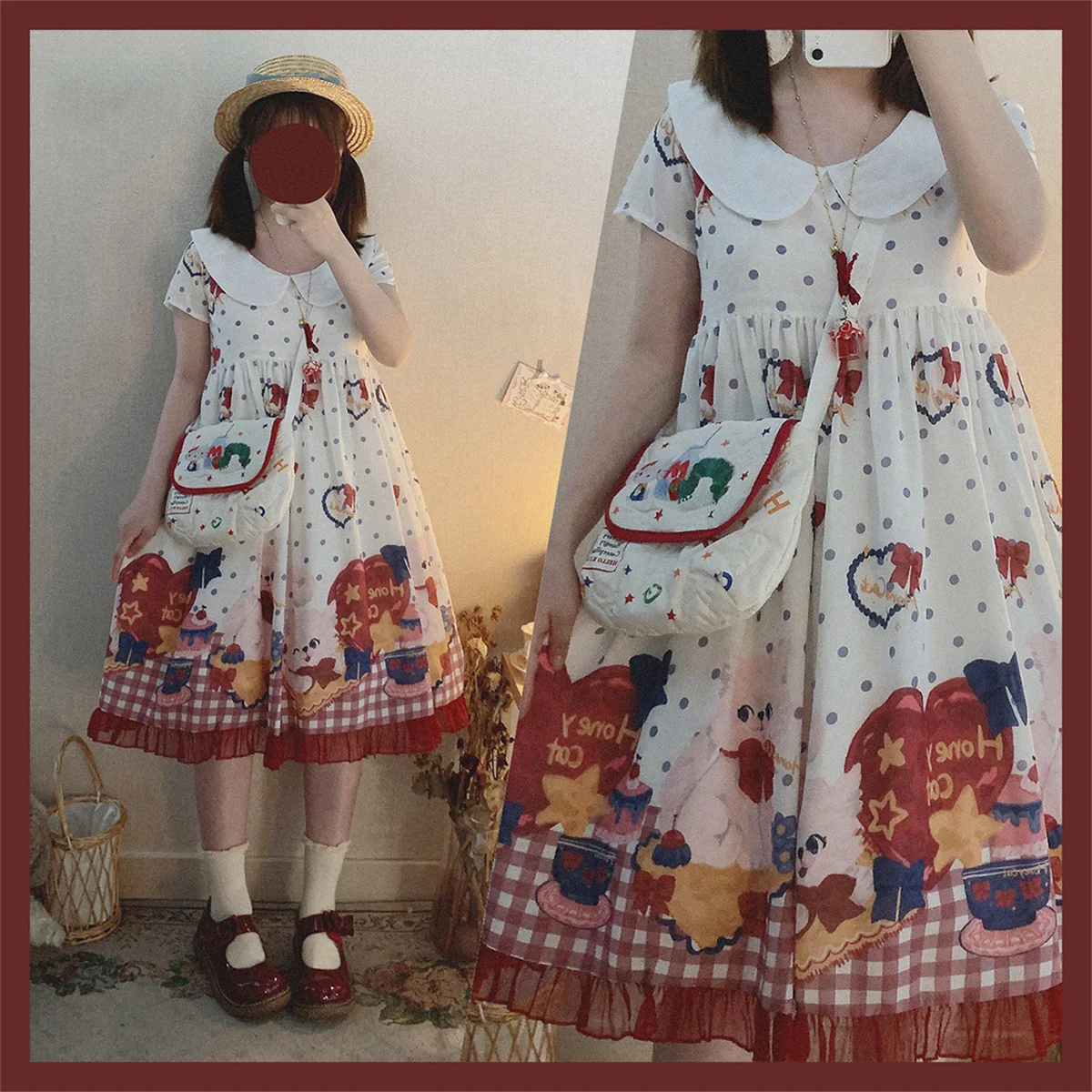 Robe Lolita Cosplay de Style japonais pour filles, jolie robe Jsk Kawaii à volants avec col de poupée imprimé gâteau chat à pois