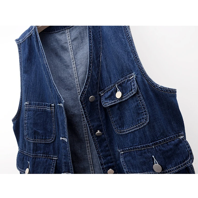 Korean Vintage Dark Blue Big Pocket Denim Vest Women Loose Mid Long Cowboy Waistcoat Casual Sleeveless Jeans Jacket Coat Female