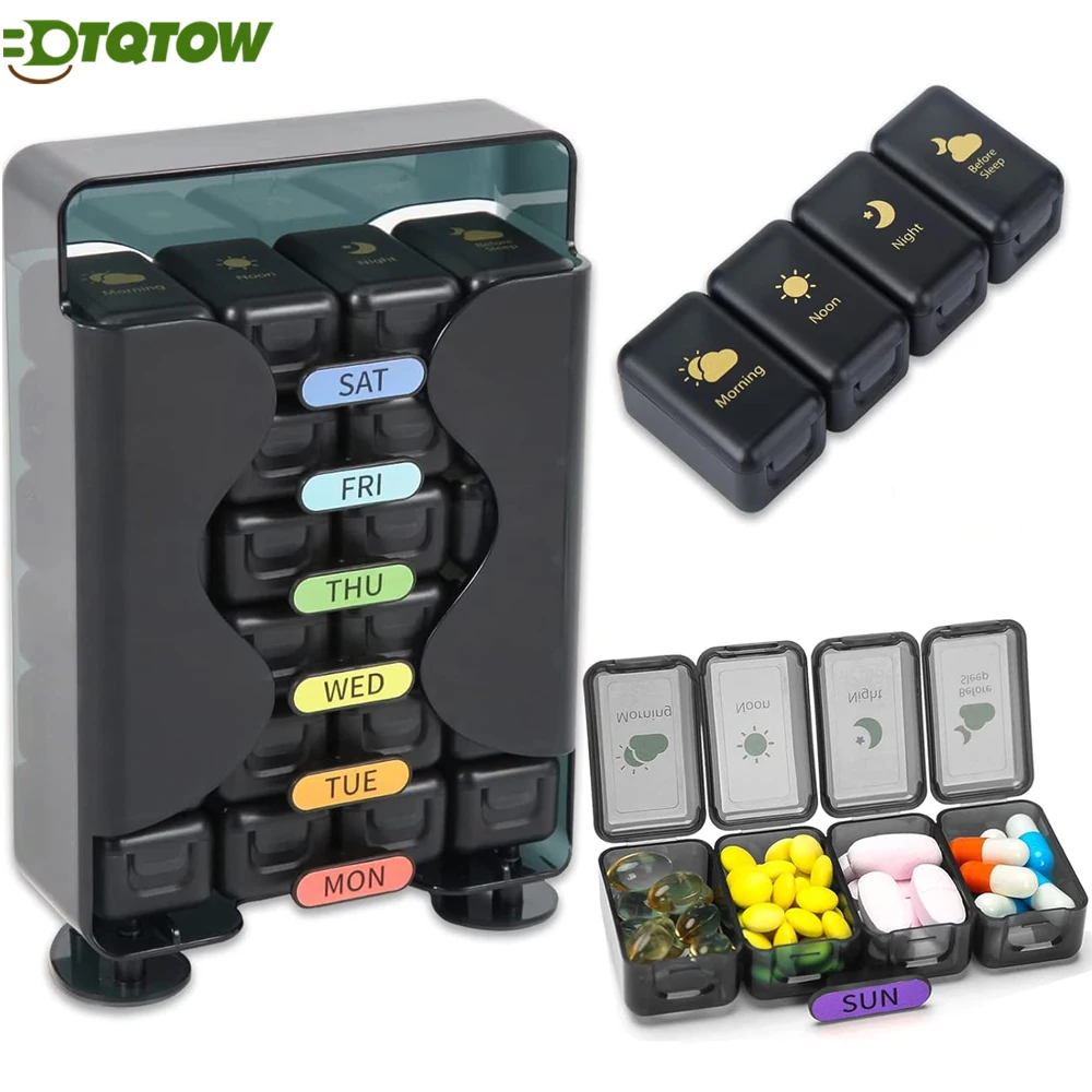 1PCSWeekly Pill Organizer 7 Day 4 Times a Day,Portable Travel Pill Case for Vitamins,Fish Oil & Supplements (BPA-Free,Easy Open)
