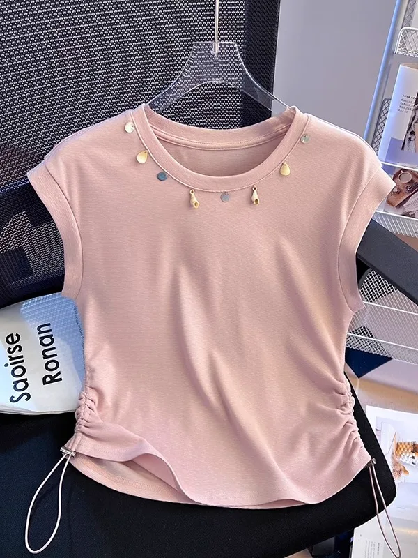 Ele ort Svel round Ne T-irt Women's New 2025 Slimming Pleated Waist Design Summer Faionable Top