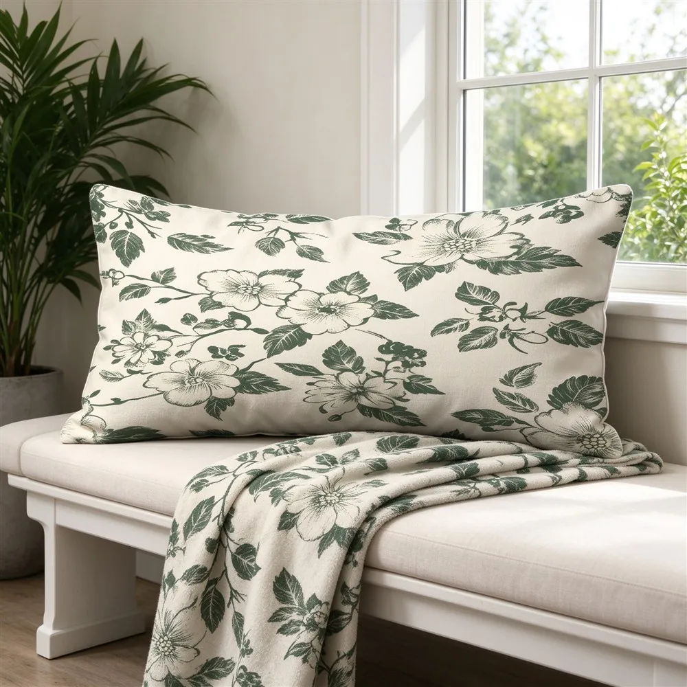 White Green Leafy Ditsy Print Long Pillow Cover, Fresh Style, Studio Decorative, Polyester, Bench Cushion, Breathable, Chic