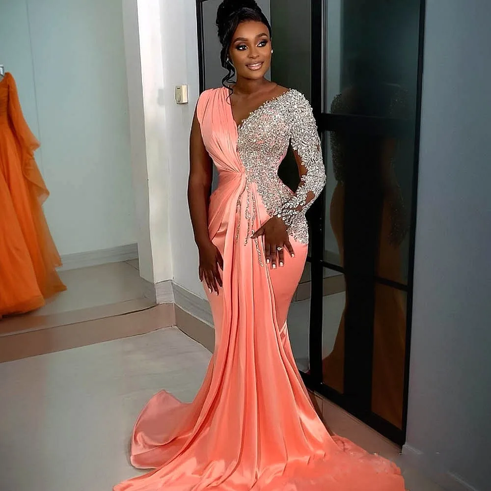 Aso Ebi Vestidos de noche de un hombro Escote transparente Lentejuelas Apliques de encaje Mangas largas Vestido de fiesta Plisados Vestidos de fiesta formales