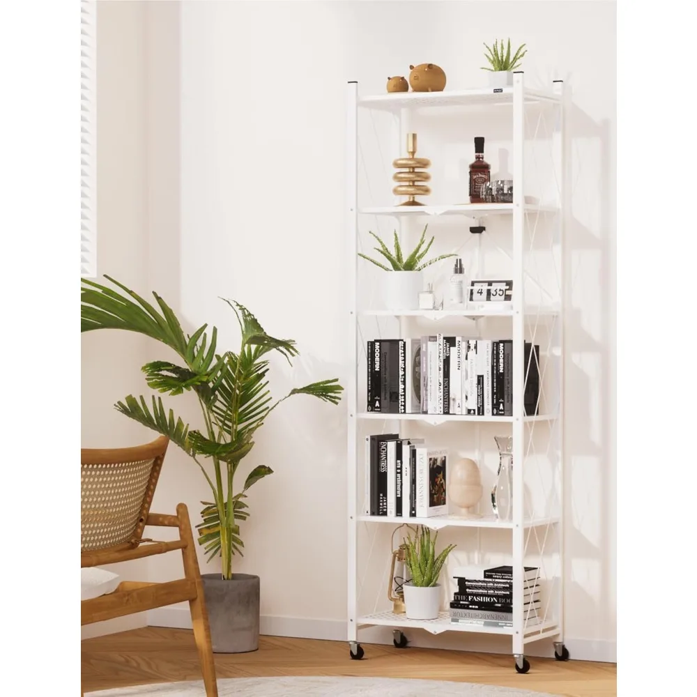 

73.6 Inch Folding Bookshelf, 6 Tier Metal Bookcase and Bookshelves, Tall Shelves for Living Room Office Bedroom