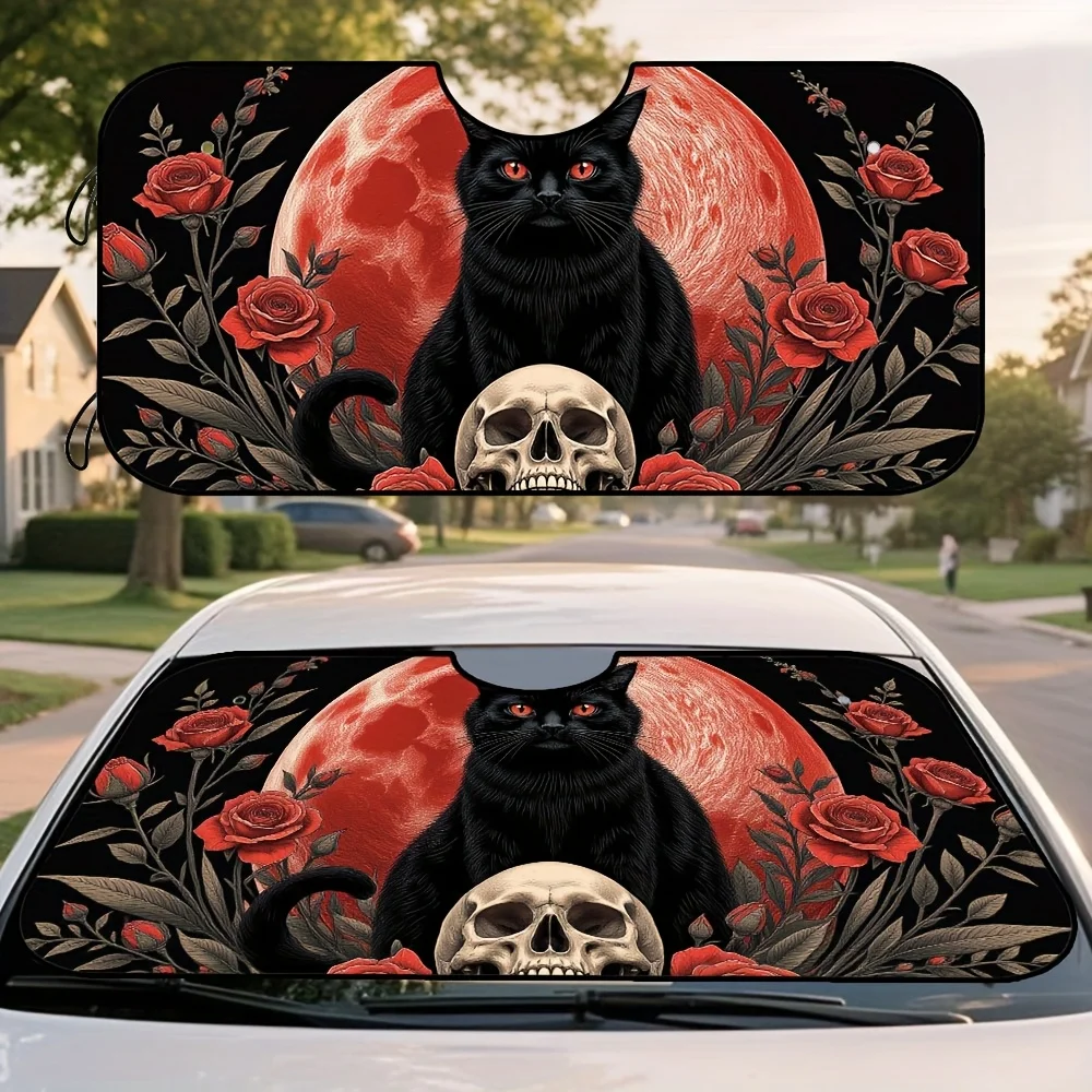 1pc Halloween Car Windshield Sun Visor - Foldable, Gothic Black Cat & Skull Design With Red Roses, Polyester Material, Perfect F