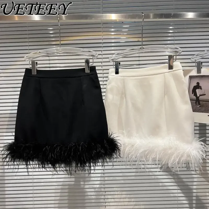 2023 Autumn New Ostrich Feather Solid Color Short Skirt Women Fashion All-Match High Waist Black Mini Skirt Femme Short Faldas