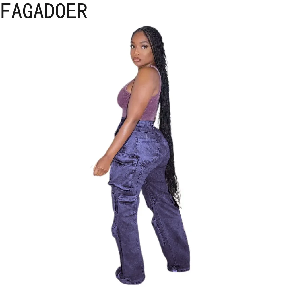 FAGADOER Fashion Solid Pocket Cargo Denim Pants Women High Waisted Button Straight Jean Trousers Autumn Casual Cowboy Bottoms