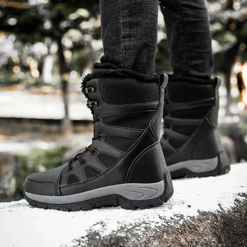 Botas de neve de pelúcia masculina, renda, top alto, ao ar livre, impermeável, antiderrapante, tornozelo, motocicleta, quente, inverno, novo