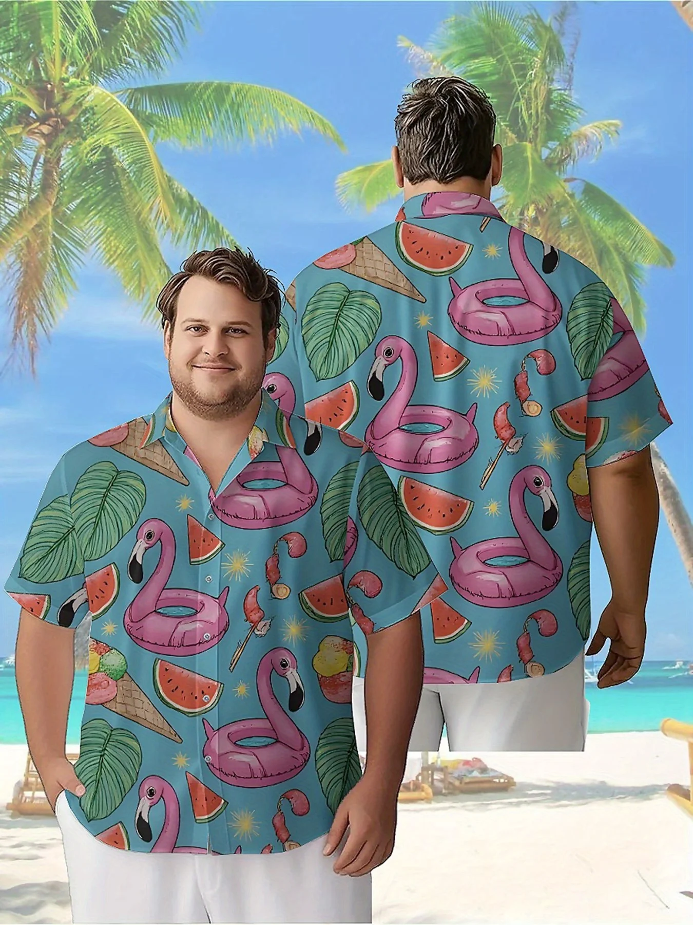 

Men's Plus Size Hawaiian Shirts Pink Flamingo, Watermelon, Ice Cream, Coconut Pattern,New Summer Fashion Tops,Hip Hop Streetwear
