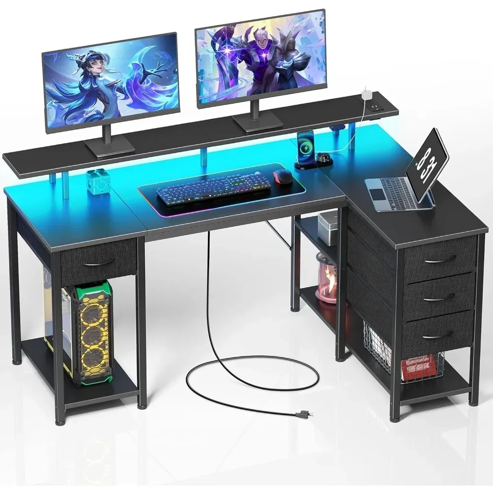 

L Shaped Computer Desk with Drawers 47.2 inch,Gaming Desk with Power Outlets & LED Lights,Reversible Office Desk with Storage