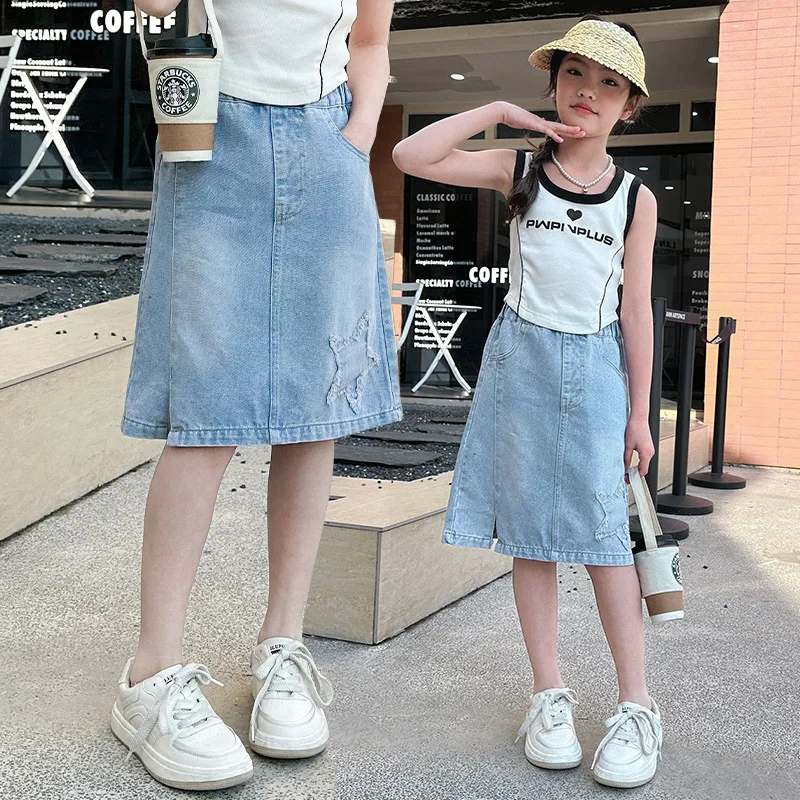 School Girls Denim Skirt Summer New Foreign Style Big Children's High-waisted Five-star Skirt Kids casual Vintage Short Culottes