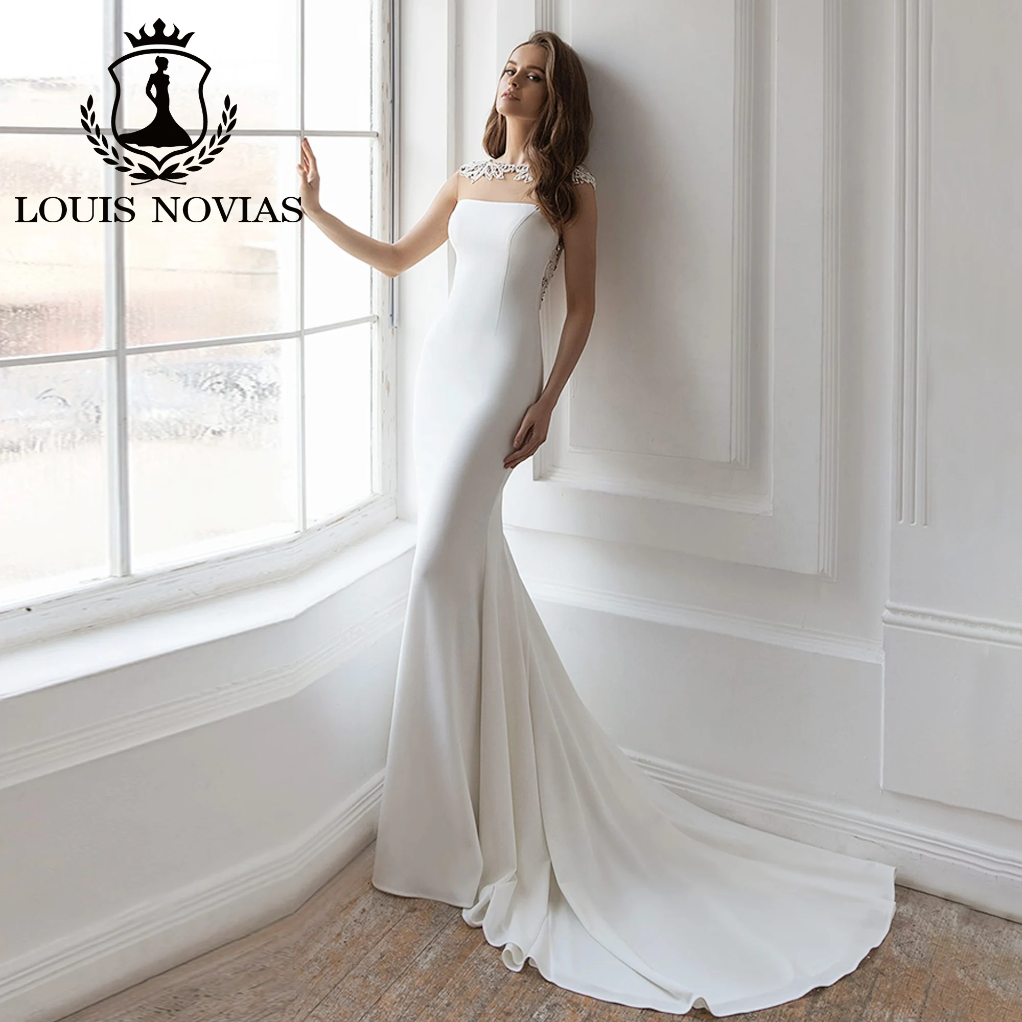 LOUIS NOVIAS Wedding Dress Mermaid Style Invisible Neckline Shining Beading Crystal Button Satin Wedding Gown Vestidos De Novia