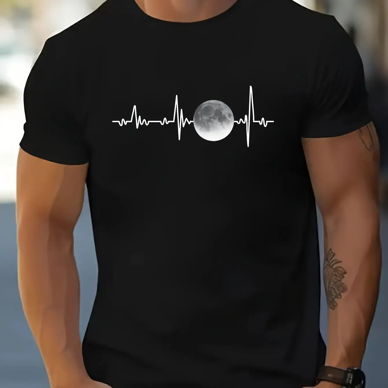 Men's Summer 100_ Cotton ECG Moon Graphic Printed Fashion Casual Sports Loose Round Neck Short Sleeve T-shirt