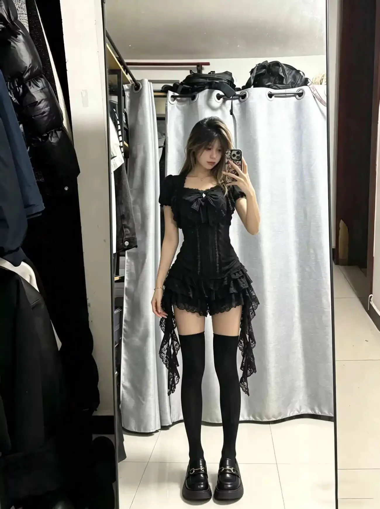 Aesthetic Gothic Lolita Black Lace 3 Piece Skirt Set Women Puff Sleeve Cardigan+Bow Cami Y2K Tops+Cake Mini Skirt Kawaii Outfit