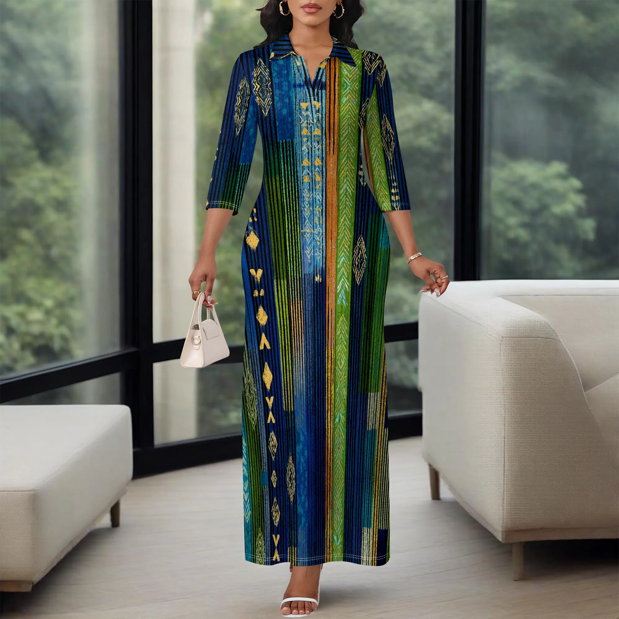 

African Stripe Maxi Shirt Dress XS-3XL Long Sleeve Style for Kwanzaa, Cultural Festival or Elegant Afro Heritage Look