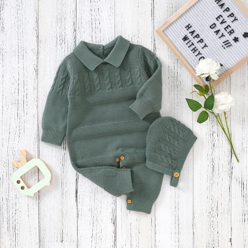 Autumn Baby Boys Rompers Clothes Winter Turtle Neck Long Sleeve Newborn Infant Cotton Knit Jumpsuits Hats Outfit Toddler Overall