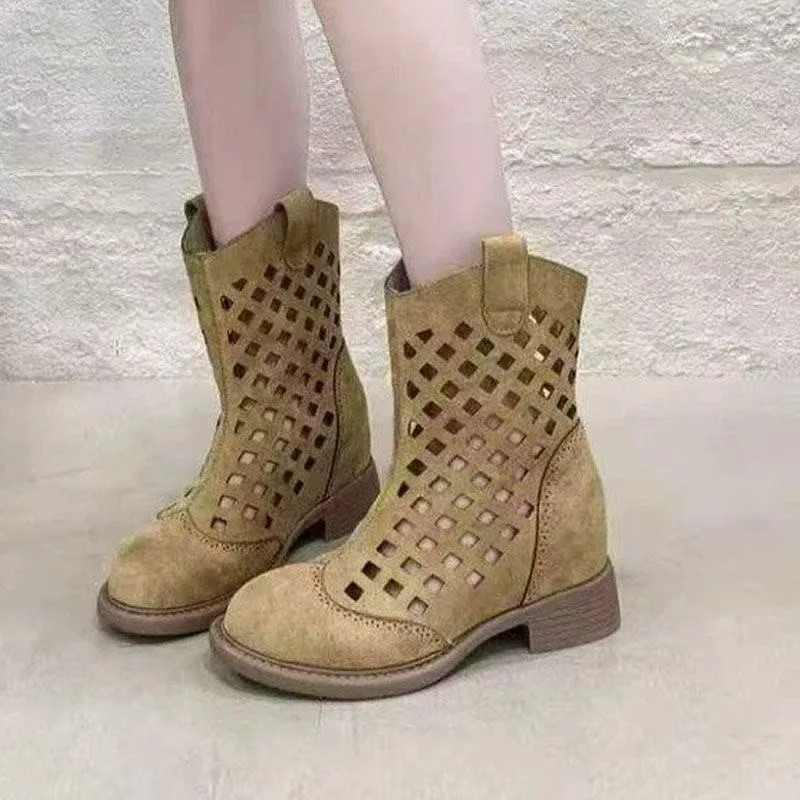

Женские ботинки Johnature 2026: Новинка, перфорированные, из натуральной кожи, в ретро-этническом стиле, с мягкой подошвой, на толстом каблуке, дышащие